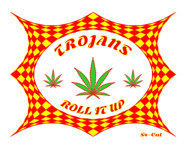 Trojans Roll It Up marijuana logo with green cannabis leaves and a red and yellow checkered border.