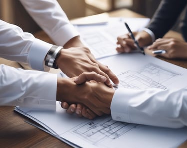 Modern office workspace with charts and real estate brochures on the desk.