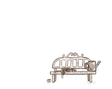 Hand-drawn sketch of a cat napping on a garden bench next to a watering can.