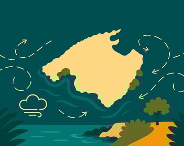 Cala riparata a Maiorca con acqua turchese e scogliere, illustrazione minimalista di Maiorca Unlocked