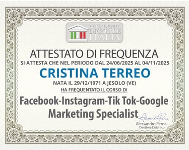 Accademia Digitale Italia certificate for Facebook, Instagram, TikTok, and Google Marketing Specialist course.