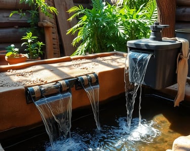 a homestead water filtration system, with flowing water going into a water collection container