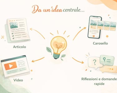 “Illustrazione che mostra come un’idea centrale può diventare articoli, video, caroselli e contenuti