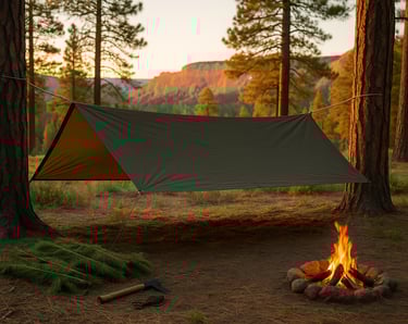 Tarp shelter setup over fire pit in pine forest during golden hour
