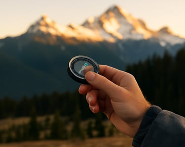 Hand holding compass with mountain range in distance, practicing wilderness direction finding in alpine terrain