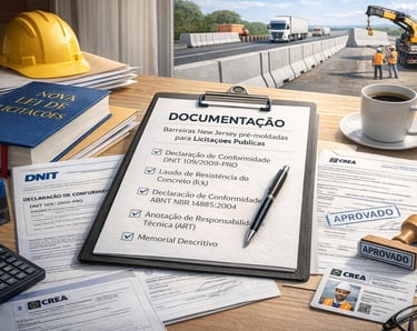 Documentação técnica para licitação de barreiras New Jersey pré-moldadas com laudos DNIT, ART