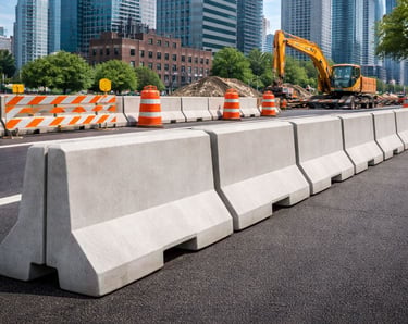 Barreiras New Jersey de concreto instaladas em obra urbana com máquinas e cones de sinalização
