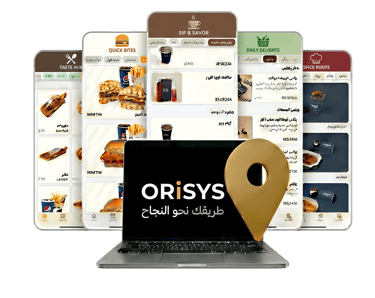 Orisys digital food ordering app displayed on multiple mobile screens and a laptop with a location pin icon.