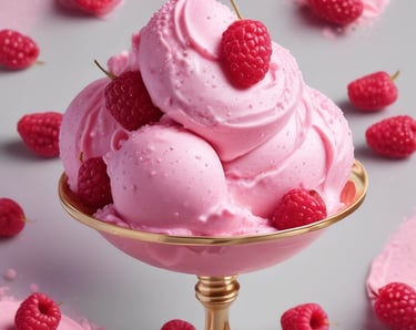 A swirl of creamy pink raspberry ice-cream in a gold pedestal bowl with fresh raspberries.