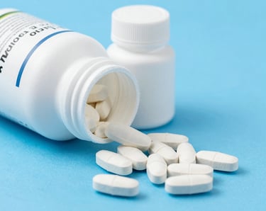 a thermometer, pills, and a bottle on a table