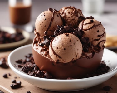 Scoops of rich chocolate ice cream topped with fudge drizzle and dark chocolate chunks in a bowl.