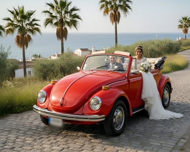 Volkswagen Beetle Cabriolet rojo 1971 para bodas, coche clásico descapotable junto al mar en España.