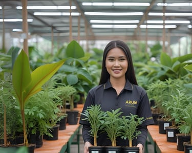 Woman carrying houseplant inside ARUM Nursery Indonesia greenhouse