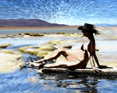 a woman in a bikini top sitting on a log