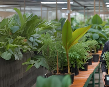Woman carrying houseplant inside ARUM Nursery Indonesia greenhouse