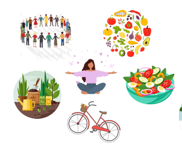 a woman is sitting on a bicycle and holding a basket full of food