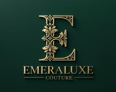 Elegant gold embossed Emeraluxe Couture logo with ornate letter E on a dark emerald green background.