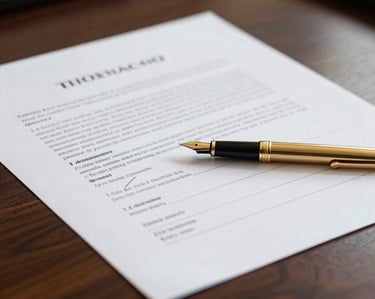 Close-up of signed legal documents on a dark oak desk, a gold fountain pen resting on the paper, soft natural light, professional editorial photography.