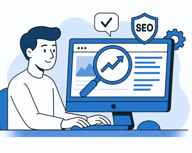 Homme avec un ordinateur améliorant le référencement d'un site web