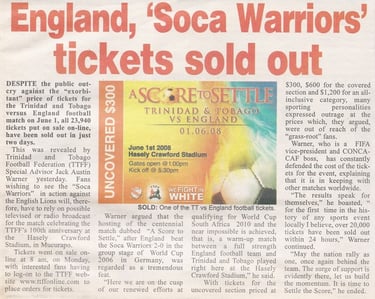 Newspaper article titled "England, Soca Warriors tickets sold out" describing high demand and ticket