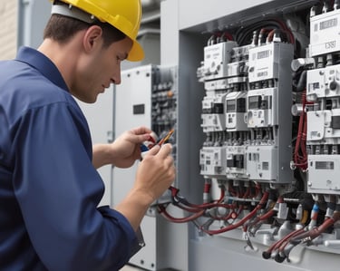 A detailed network or electronic panel features a complex array of multicolored wires organized in rows, connected to a central frame with labeled indicators. The labels on the frame, such as HF and DBRY, suggest its use in telecommunications or electronics. The arrangement of wires indicates intricate circuitry or data connection points.