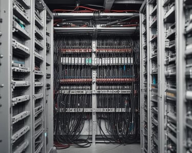 A detailed network or electronic panel features a complex array of multicolored wires organized in rows, connected to a central frame with labeled indicators. The labels on the frame, such as HF and DBRY, suggest its use in telecommunications or electronics. The arrangement of wires indicates intricate circuitry or data connection points.