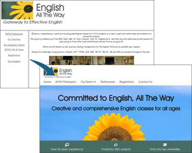 Screenshot of old and new EATW homepage to show the change in layout from old frames to modern