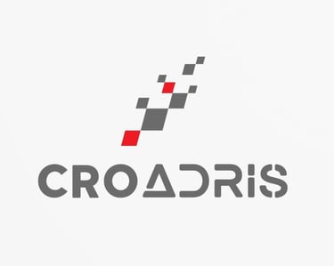 CROADRIS logo featuring grey and red pixelated square design and modern sans-serif typography on white background.