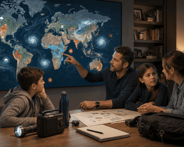 A family studies a global weather map with hurricane and wildfire icons on a large screen.