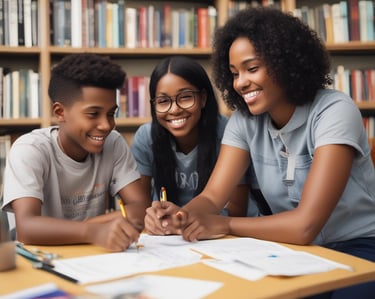 A caring mentor helping a foster youth with homework in a cozy, welcoming setting.