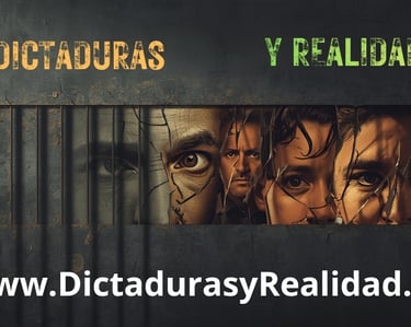 Dictaduras y Realidad banner showing faces through prison bars with website URL and political theme.