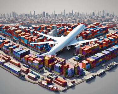 Modern cargo ship loaded with containers set against a clear blue sky at a busy port.