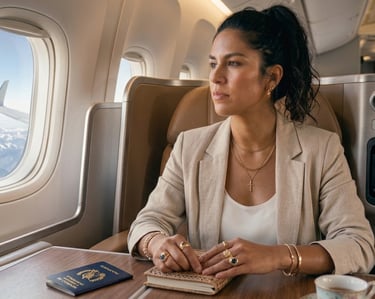 Una viajera en clase ejecutiva mirando las montañas por la ventanilla del avión Nur joyeria