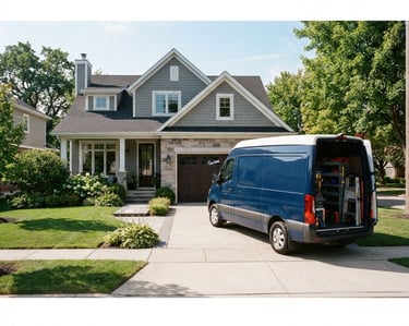 A clean, modern service vehicle parked outside a neat suburban home, bright editorial photography, natural daylight, sharp focus 35mm