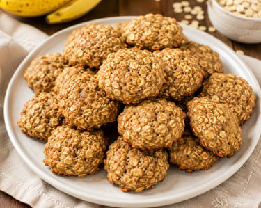 A plate of homemade soft oatmeal banana cookies on a rustic table with fresh fruit.
