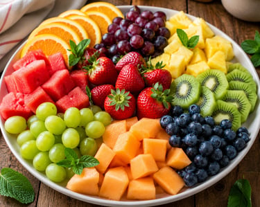 A colorful fruit platter with fresh strawberries, watermelon, pineapple, kiwi, and blueberries.
