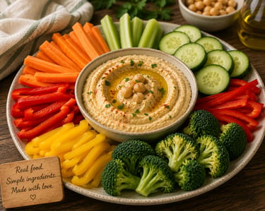 A colorful vegetable crudité platter with creamy hummus, carrots, broccoli, and peppers for healthy snacking.
