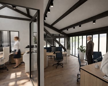 Modern open-plan office interior with vaulted ceilings, wooden floors, and professional staff at desks.