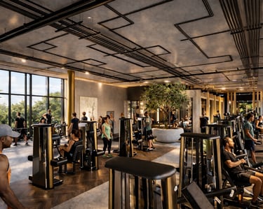 Modern luxury fitness center with people using strength training machines in a spacious gym.
