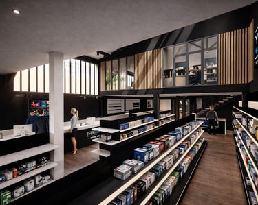 Modern electrical supply store interior with rows of stocked shelves and a customer service counter.