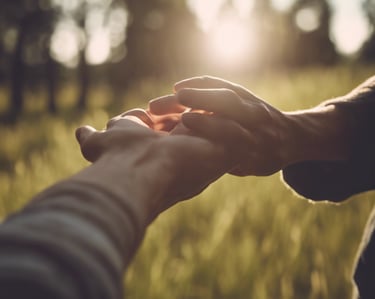 Two people holding hands in a sunlit field, symbolizing connection and emotional support.