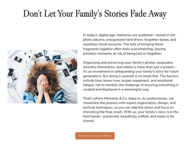 screenshot of mementoandco.com web page with a photo of a gir surrounded by pictures