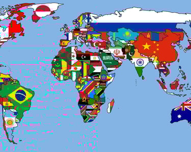 world map with each country flag in the shape of its county
