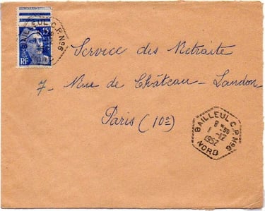 Brief bis 20 g von OUTTERSTEENE (CP Nr. 6) nach PARIS, frankiert mit 15 Fr (Tarif vom 08.02.1951).