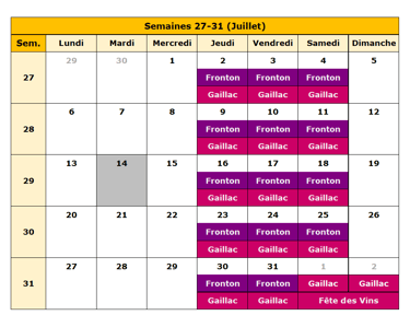 Calendrier Juillet