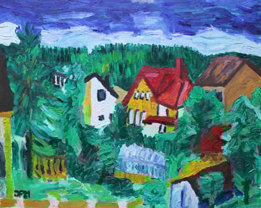 a painting of suburban houses