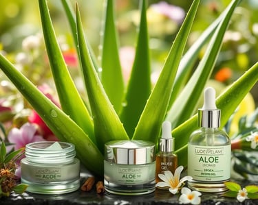 aloe vera skin products in front of aloe vera plant