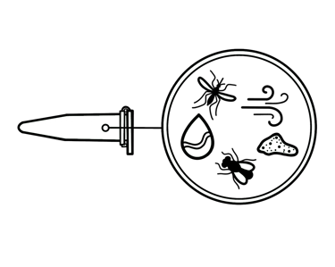 White line art illustration of a fountain pen nib pointing at a circle containing weather elements.