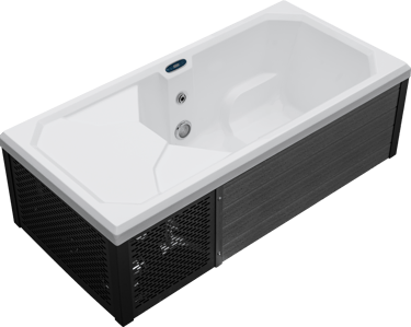 White rectangular cold plunge tub with a black metal frame and gray side panels.
