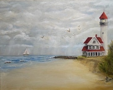 a painting of a lighthouse with a sailboat in the ocean
